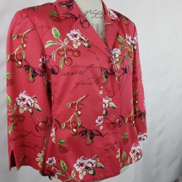 Nancy Bolen City Girl | Red Cherry Print Beaded Blazer Jacket | Size 8 - Picture 2 of 10